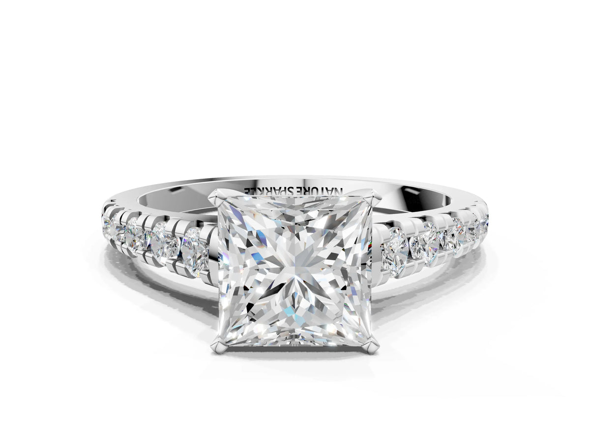 Princess Cut Diamond Vintage Scroll Solitaire Ring in Silver with Graduated Round Side Stones