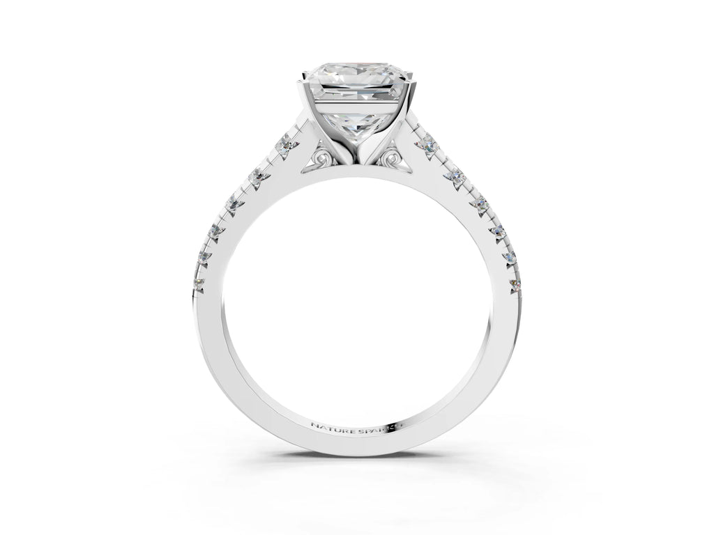 Princess Cut Diamond Vintage Scroll Solitaire Ring in Silver with Graduated Round Side Stones