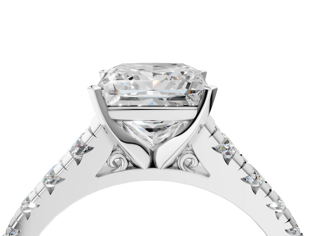 Princess Cut Diamond Vintage Scroll Solitaire Ring in Silver with Graduated Round Side Stones