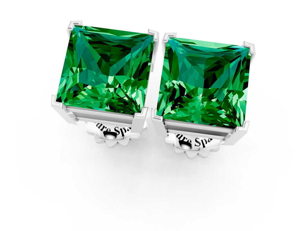 Princess Cut Emerald Stud Earrings in White gold with Basket Setting