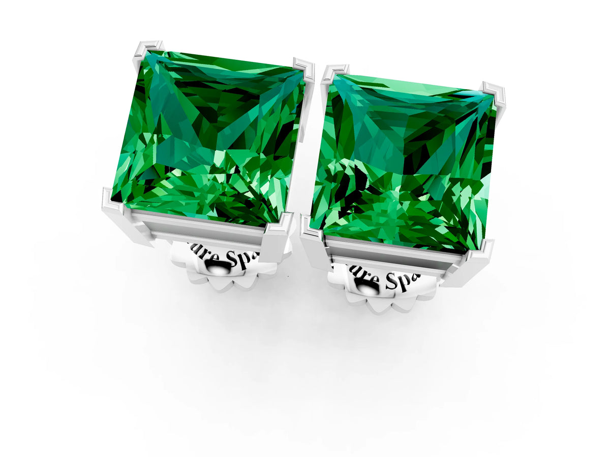 Princess Cut Emerald Stud Earrings in White gold with Basket Setting