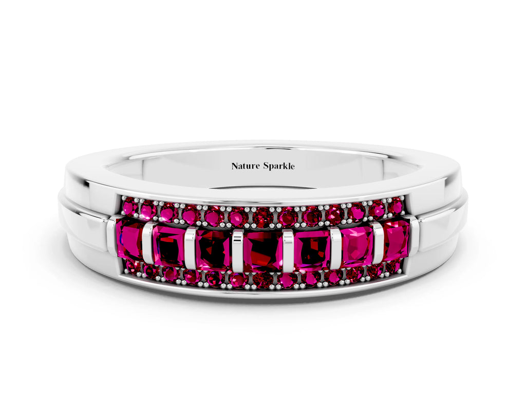 Princess Cut Garnet Bar-Set Pavé Band in Platinum with Grooved Edge Detailing