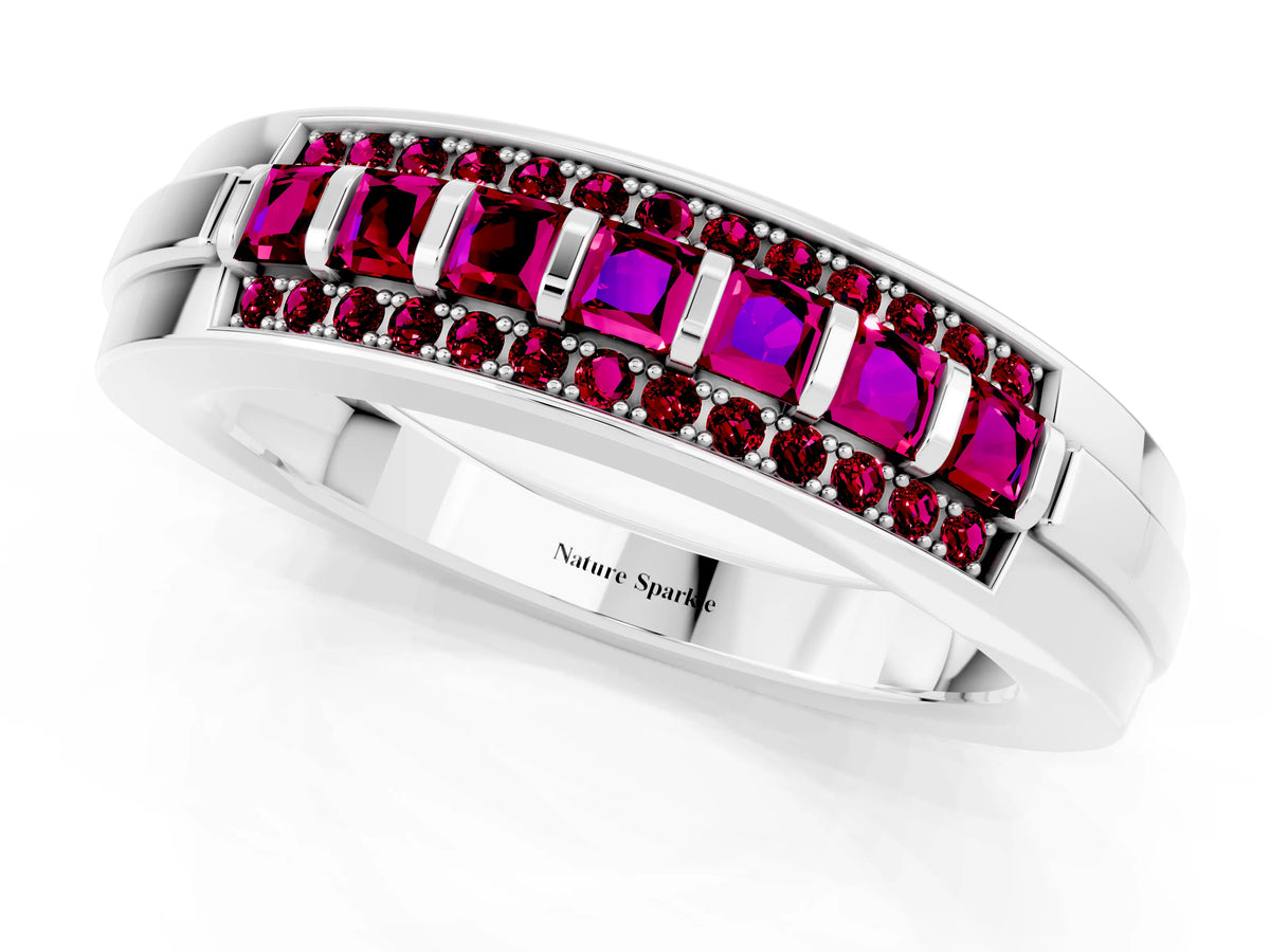 Princess Cut Garnet Bar-Set Pavé Band in Platinum with Grooved Edge Detailing