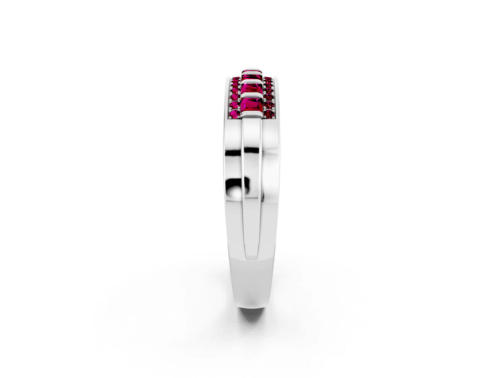 Princess Cut Garnet Bar-Set Pavé Band in Platinum with Grooved Edge Detailing