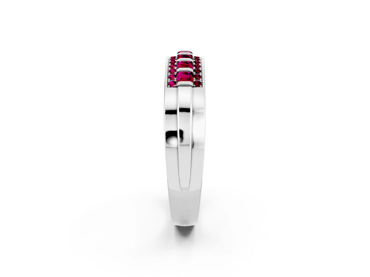 Princess Cut Garnet Bar-Set Pavé Band in Platinum with Grooved Edge Detailing