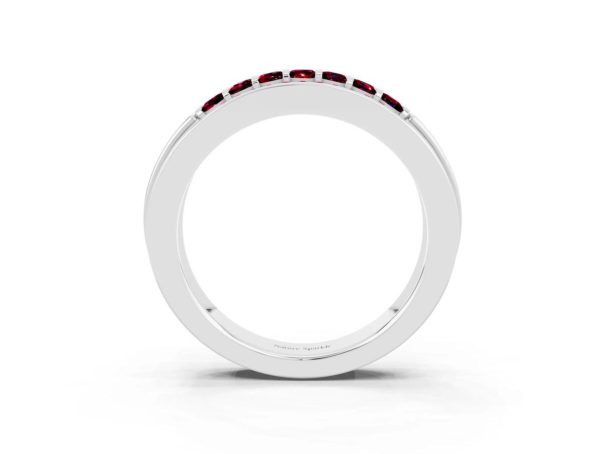 Princess Cut Garnet Bar-Set Pavé Band in Platinum with Grooved Edge Detailing