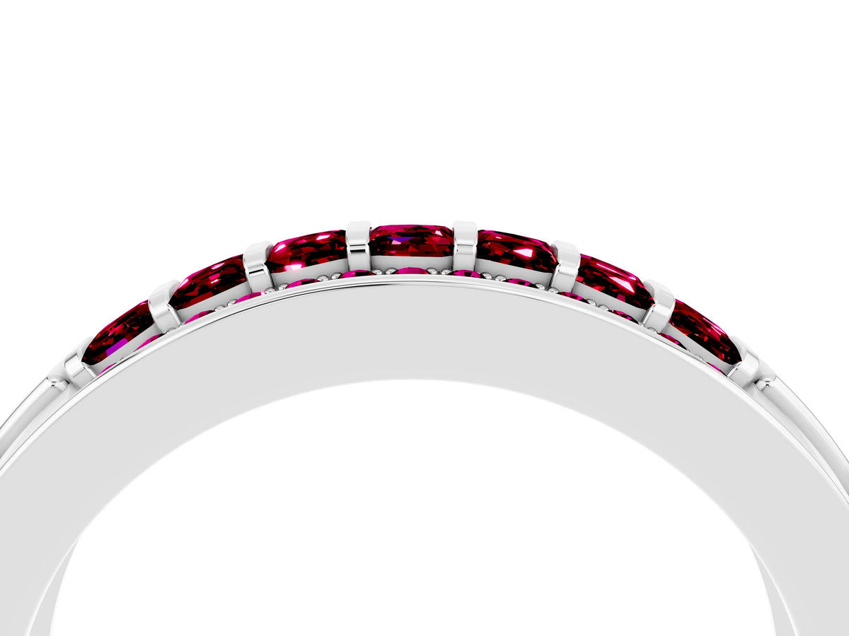 Princess Cut Garnet Bar-Set Pavé Band in Platinum with Grooved Edge Detailing