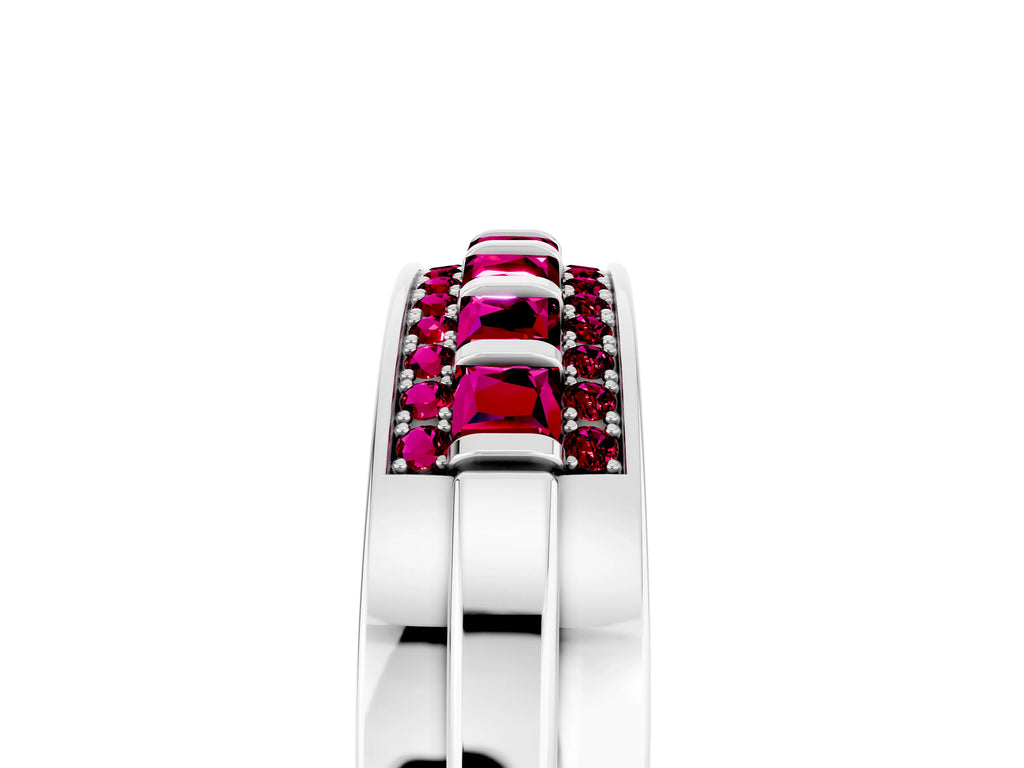 Princess Cut Garnet Bar-Set Pavé Band in Platinum with Grooved Edge Detailing