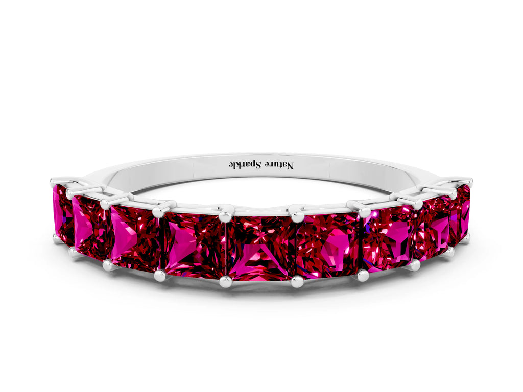 Princess Cut Garnet Eternity Band in Platinum with Channel Setting and Prong Detail
