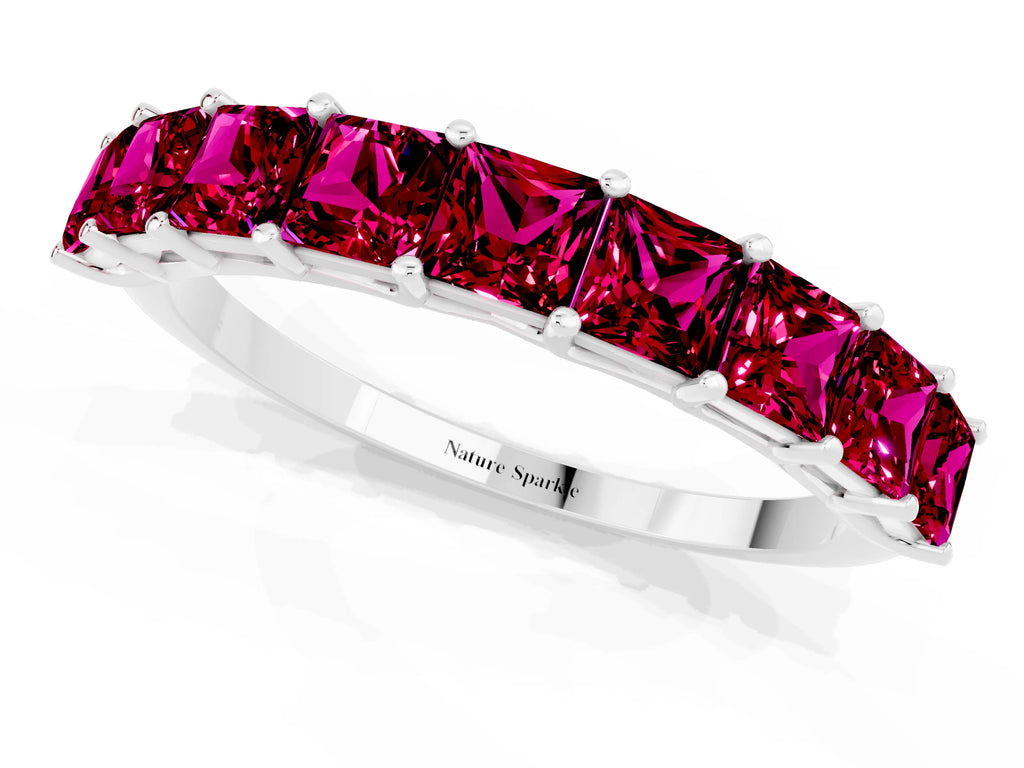 Princess Cut Garnet Eternity Band in Platinum with Channel Setting and Prong Detail