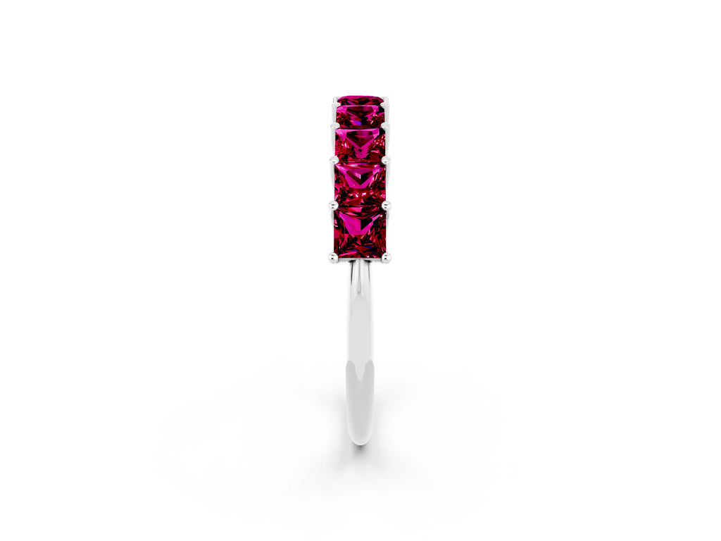 Princess Cut Garnet Eternity Band in Platinum with Channel Setting and Prong Detail
