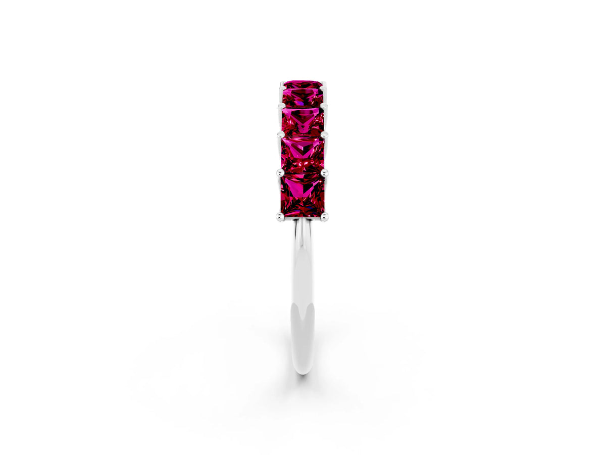 Princess Cut Garnet Eternity Band in Platinum with Channel Setting and Prong Detail