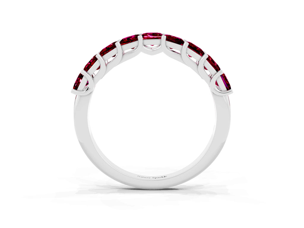 Princess Cut Garnet Eternity Band in Platinum with Channel Setting and Prong Detail