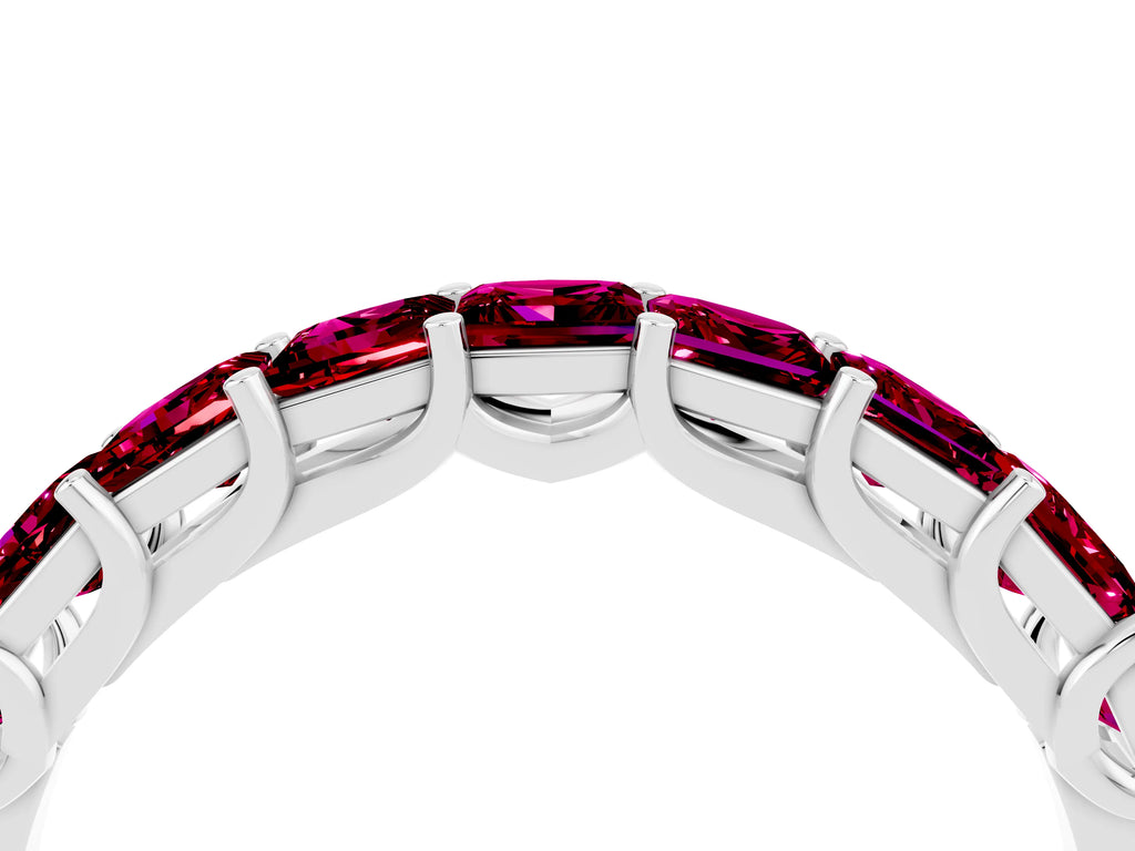 Princess Cut Garnet Eternity Band in Platinum with Channel Setting and Prong Detail