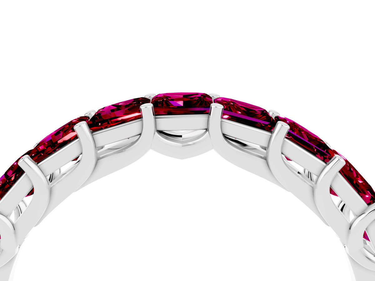 Princess Cut Garnet Eternity Band in Platinum with Channel Setting and Prong Detail
