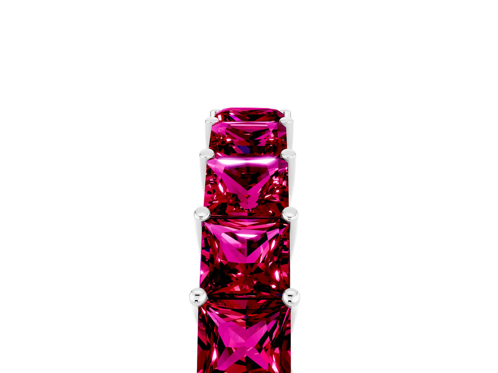 Princess Cut Garnet Eternity Band in Platinum with Channel Setting and Prong Detail