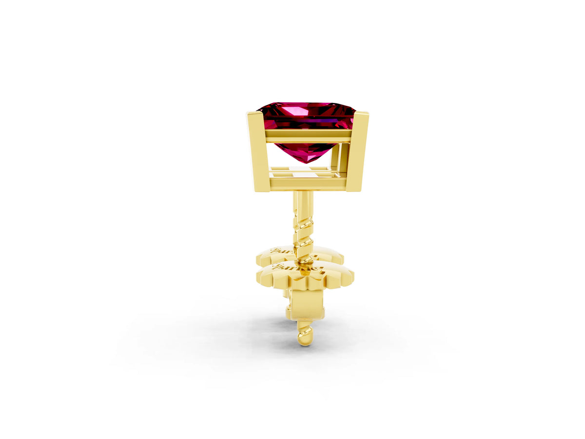 Princess Cut Garnet Stud Earrings in Yellow gold with Basket Setting