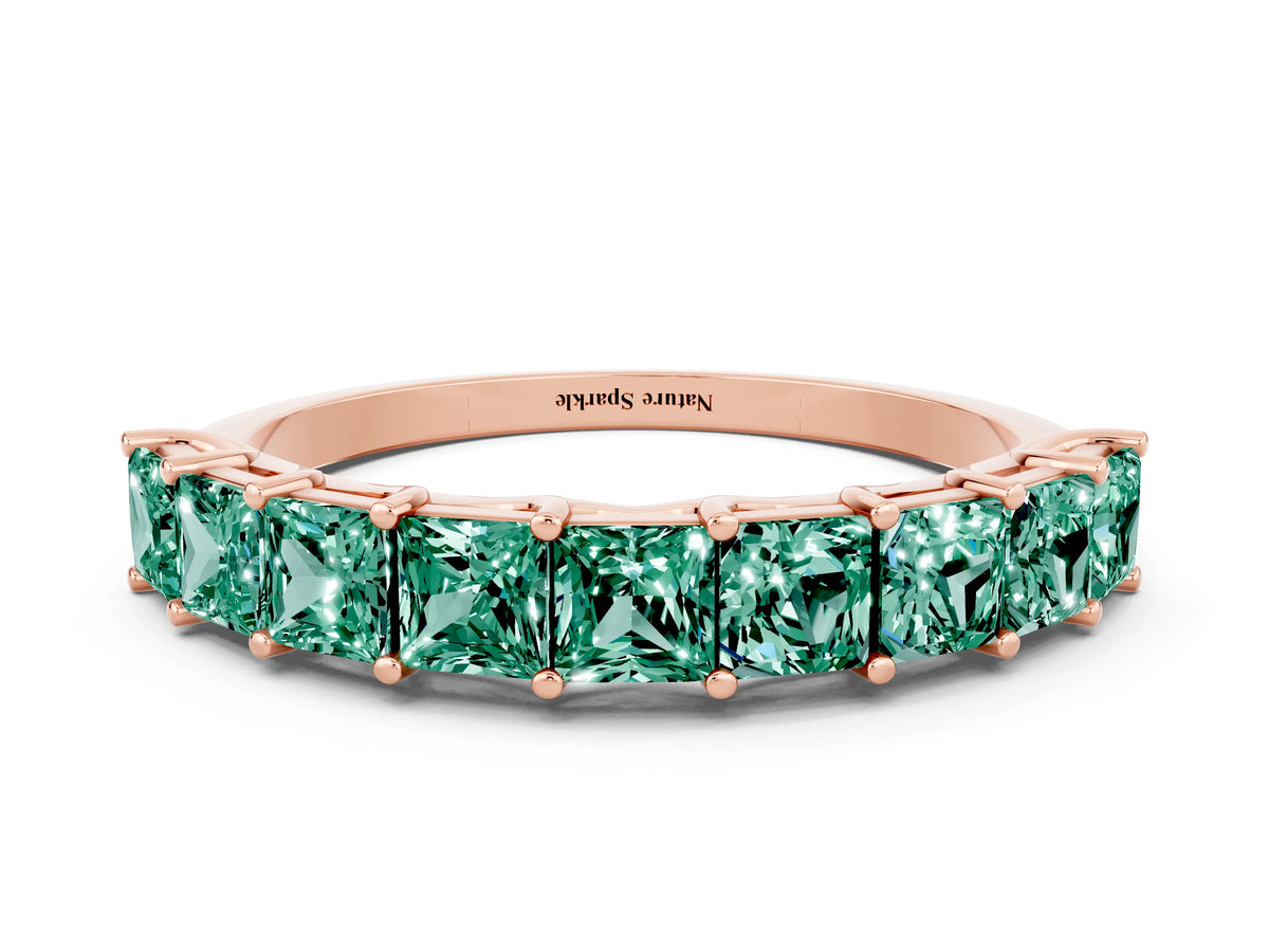 Princess Cut Green Sapphire Eternity Band in Rose gold with Channel Setting and Prong Detail