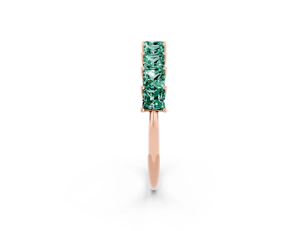 Princess Cut Green Sapphire Eternity Band in Rose gold with Channel Setting and Prong Detail
