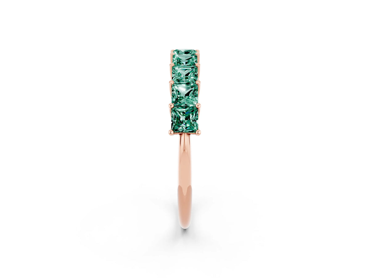 Princess Cut Green Sapphire Eternity Band in Rose gold with Channel Setting and Prong Detail