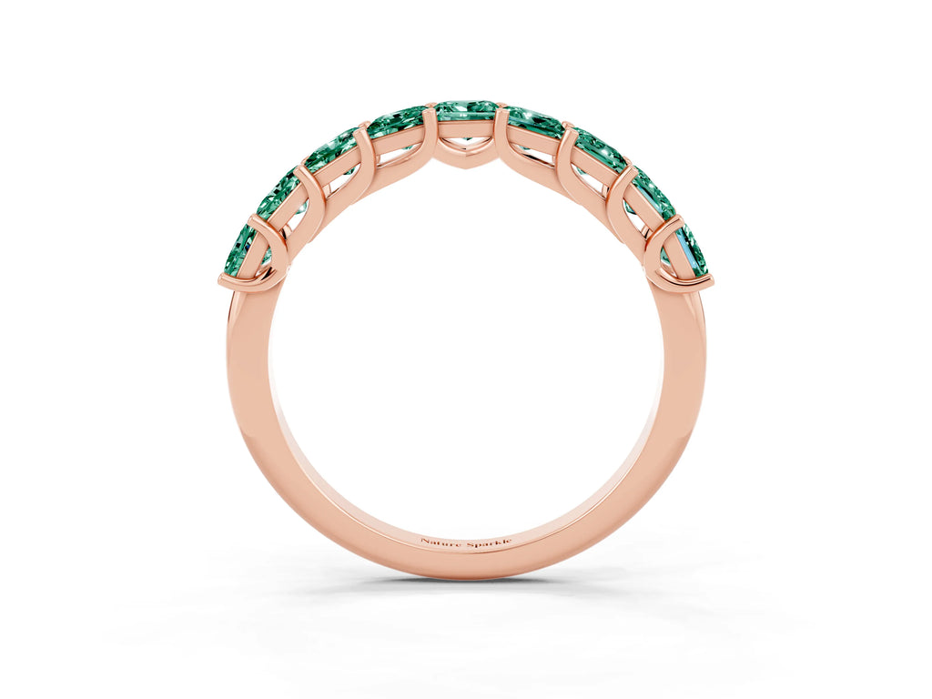 Princess Cut Green Sapphire Eternity Band in Rose gold with Channel Setting and Prong Detail