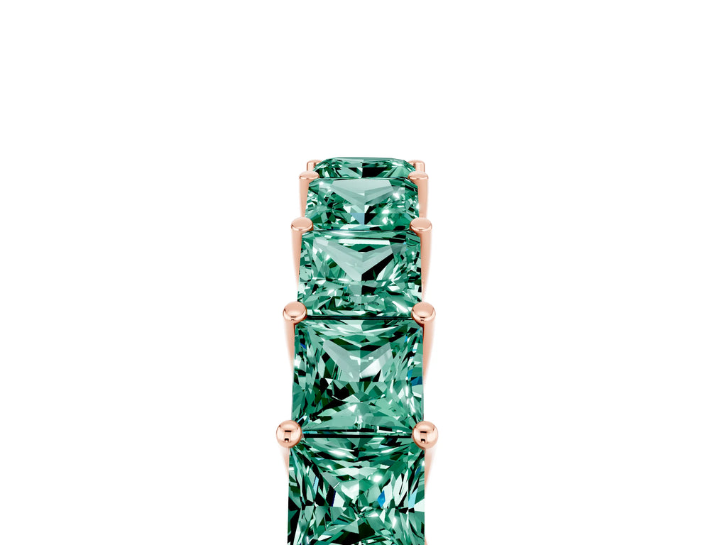 Princess Cut Green Sapphire Eternity Band in Rose gold with Channel Setting and Prong Detail