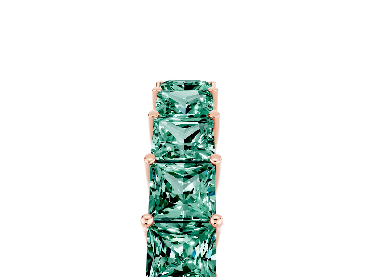 Princess Cut Green Sapphire Eternity Band in Rose gold with Channel Setting and Prong Detail