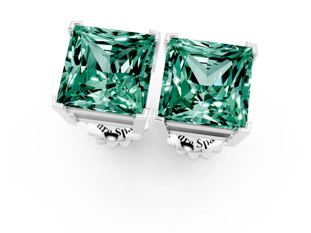 Princess Cut Green Sapphire Stud Earrings in Platinum with Basket Setting