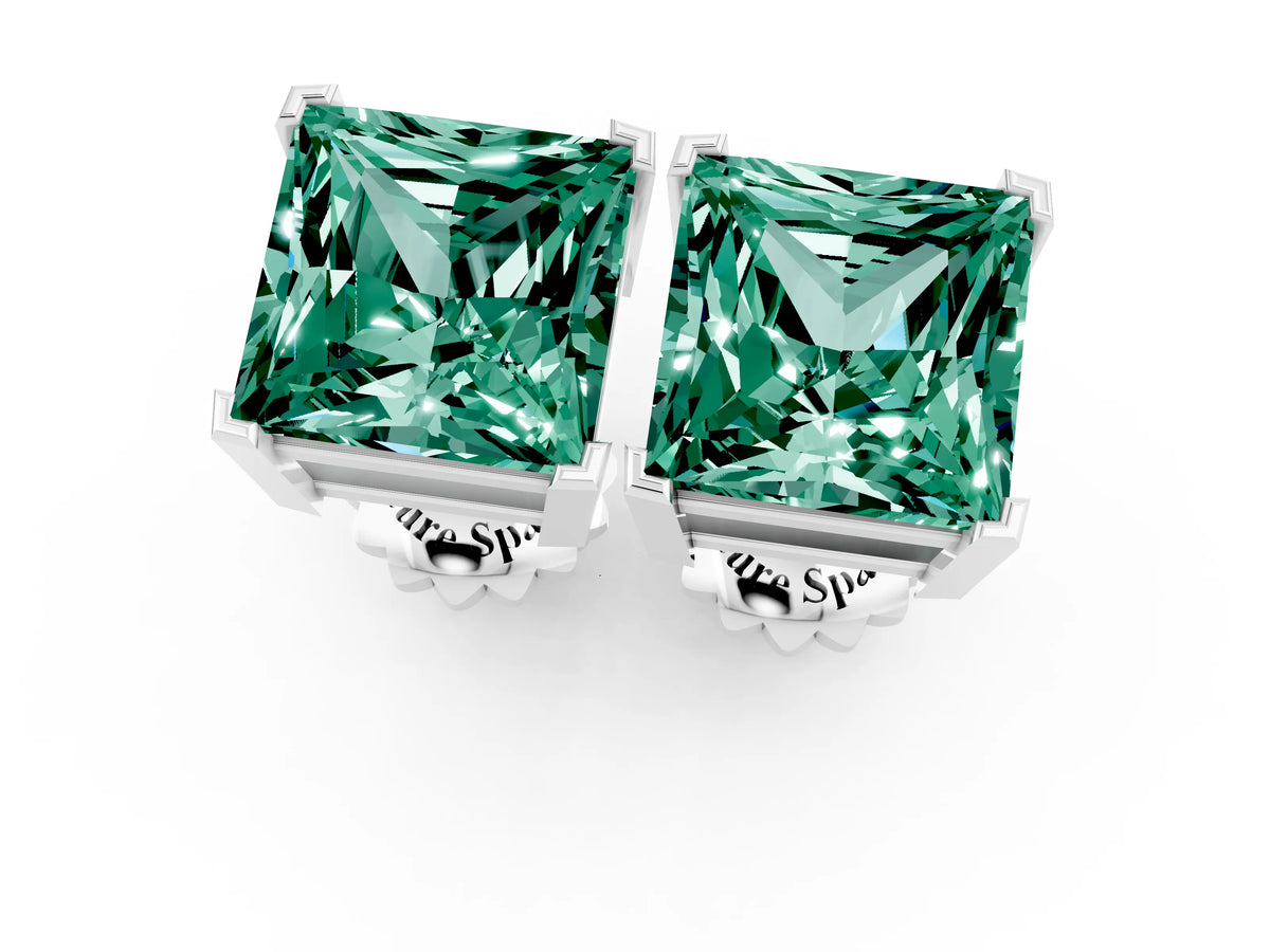 Princess Cut Green Sapphire Stud Earrings in Platinum with Basket Setting