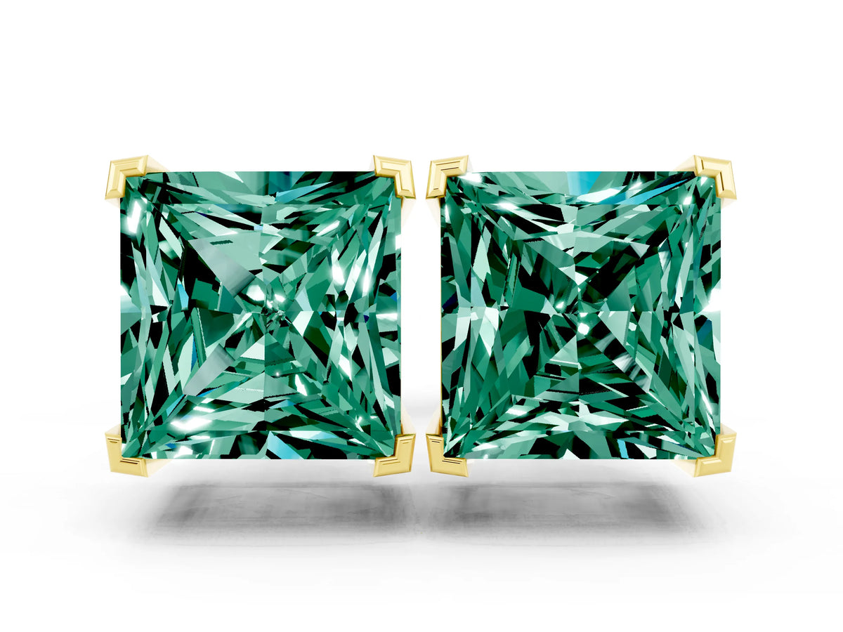 Princess Cut Green Sapphire Stud Earrings in Yellow gold with Basket Setting