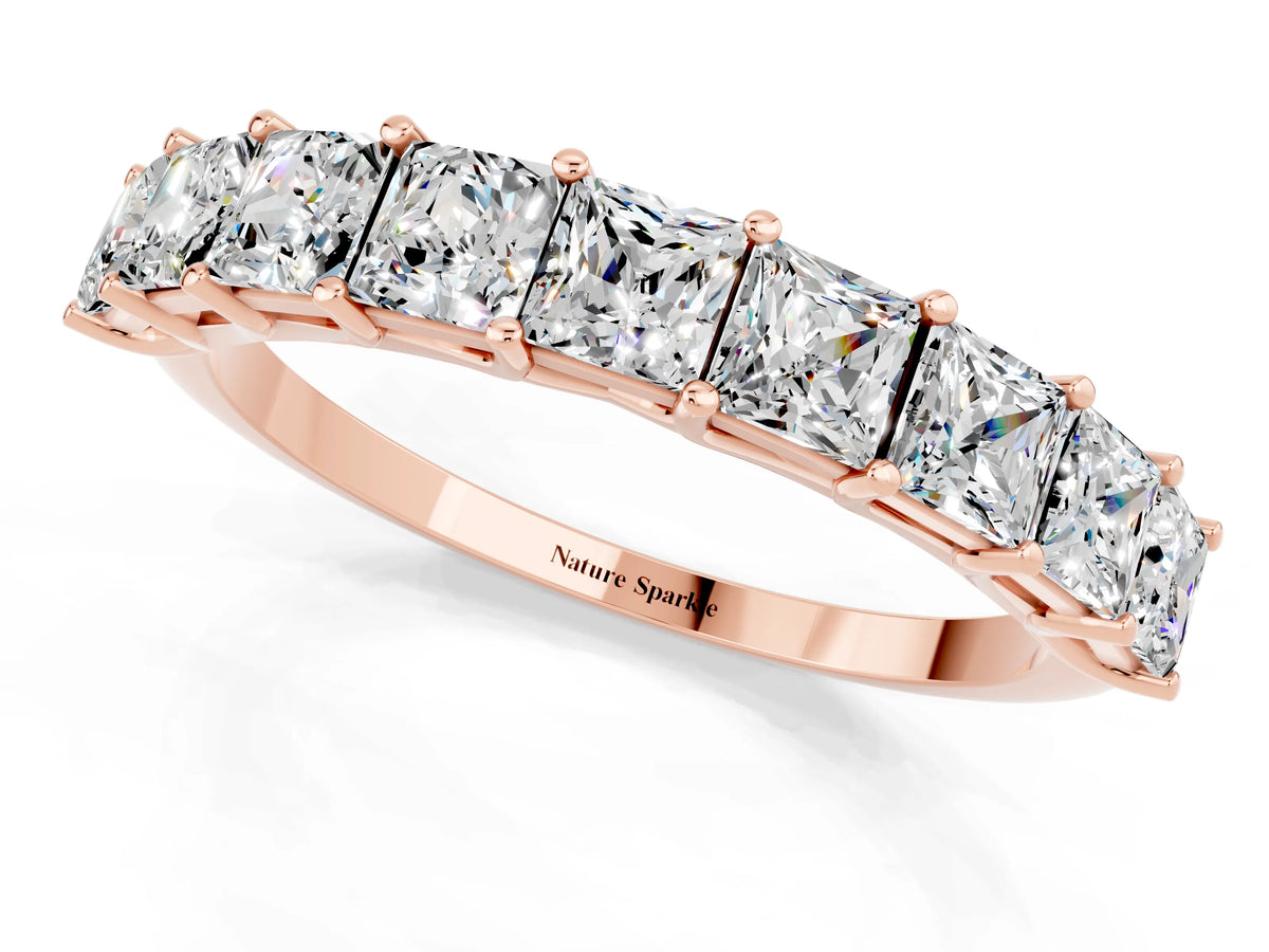 Princess Cut Moissanite Eternity Band in Rose gold with Channel Setting and Prong Detail