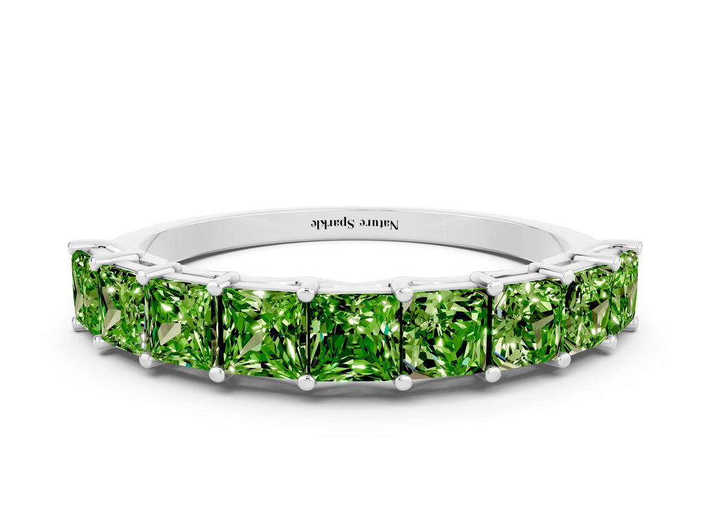 Princess Cut Peridot Eternity Band in Platinum with Channel Setting and Prong Detail