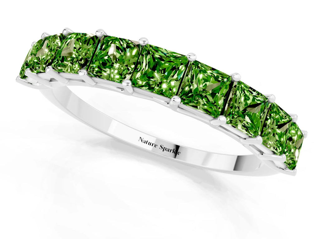 Princess Cut Peridot Eternity Band in Platinum with Channel Setting and Prong Detail