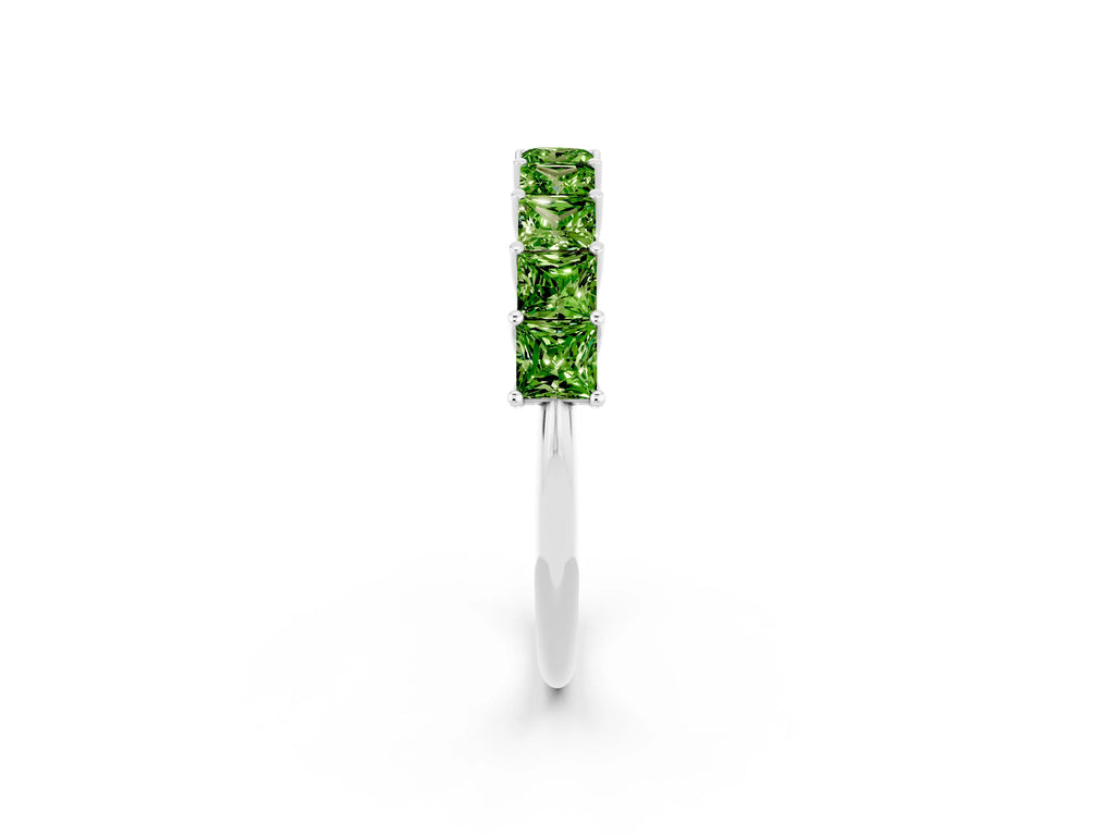 Princess Cut Peridot Eternity Band in Platinum with Channel Setting and Prong Detail