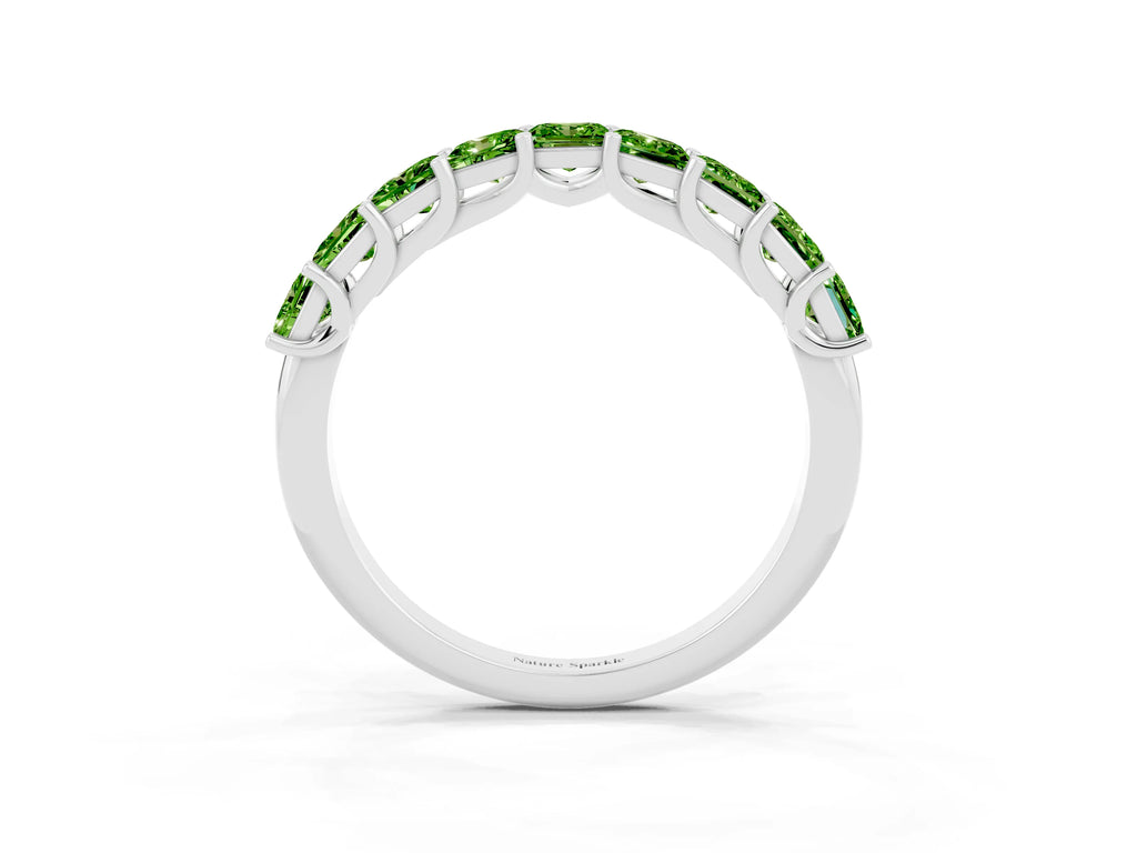 Princess Cut Peridot Eternity Band in Platinum with Channel Setting and Prong Detail
