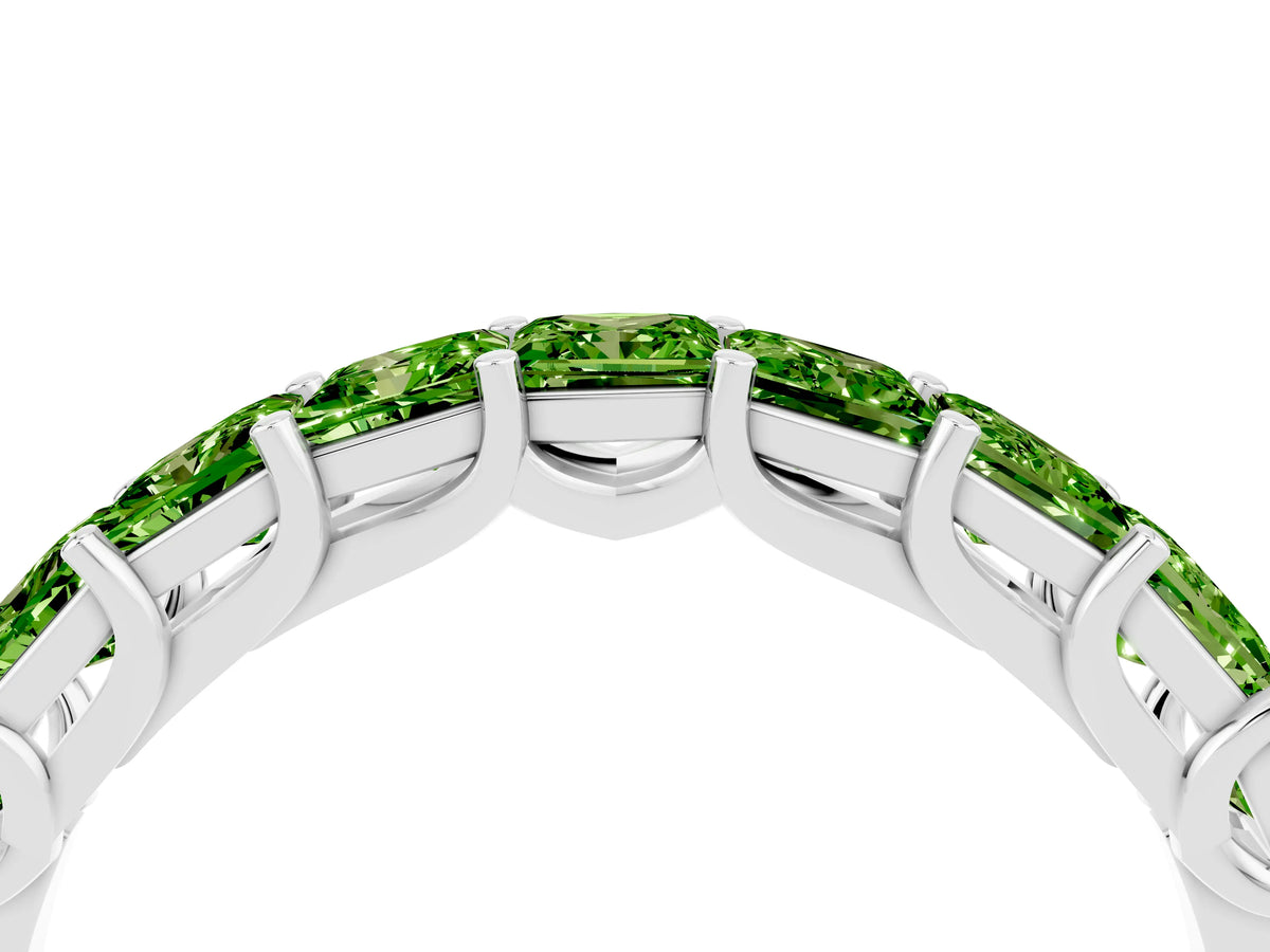 Princess Cut Peridot Eternity Band in Platinum with Channel Setting and Prong Detail