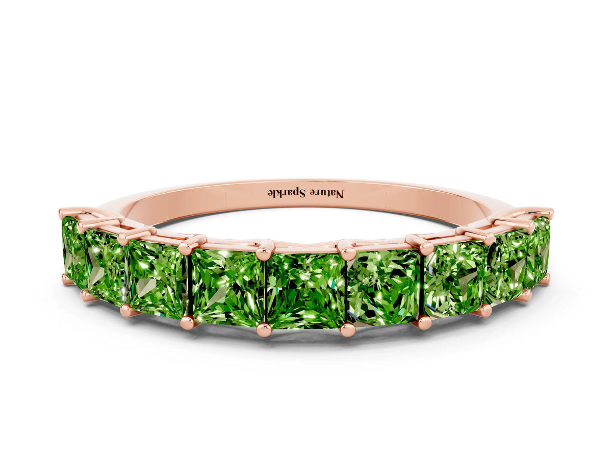 Princess Cut Peridot Eternity Band in Rose gold with Channel Setting and Prong Detail