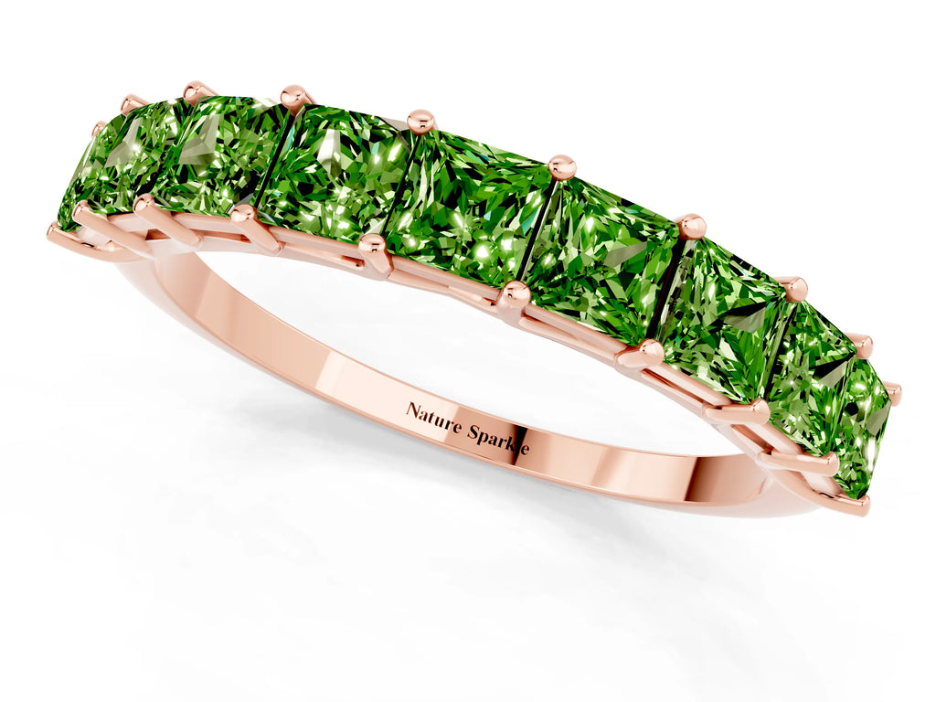 Princess Cut Peridot Eternity Band in Rose gold with Channel Setting and Prong Detail