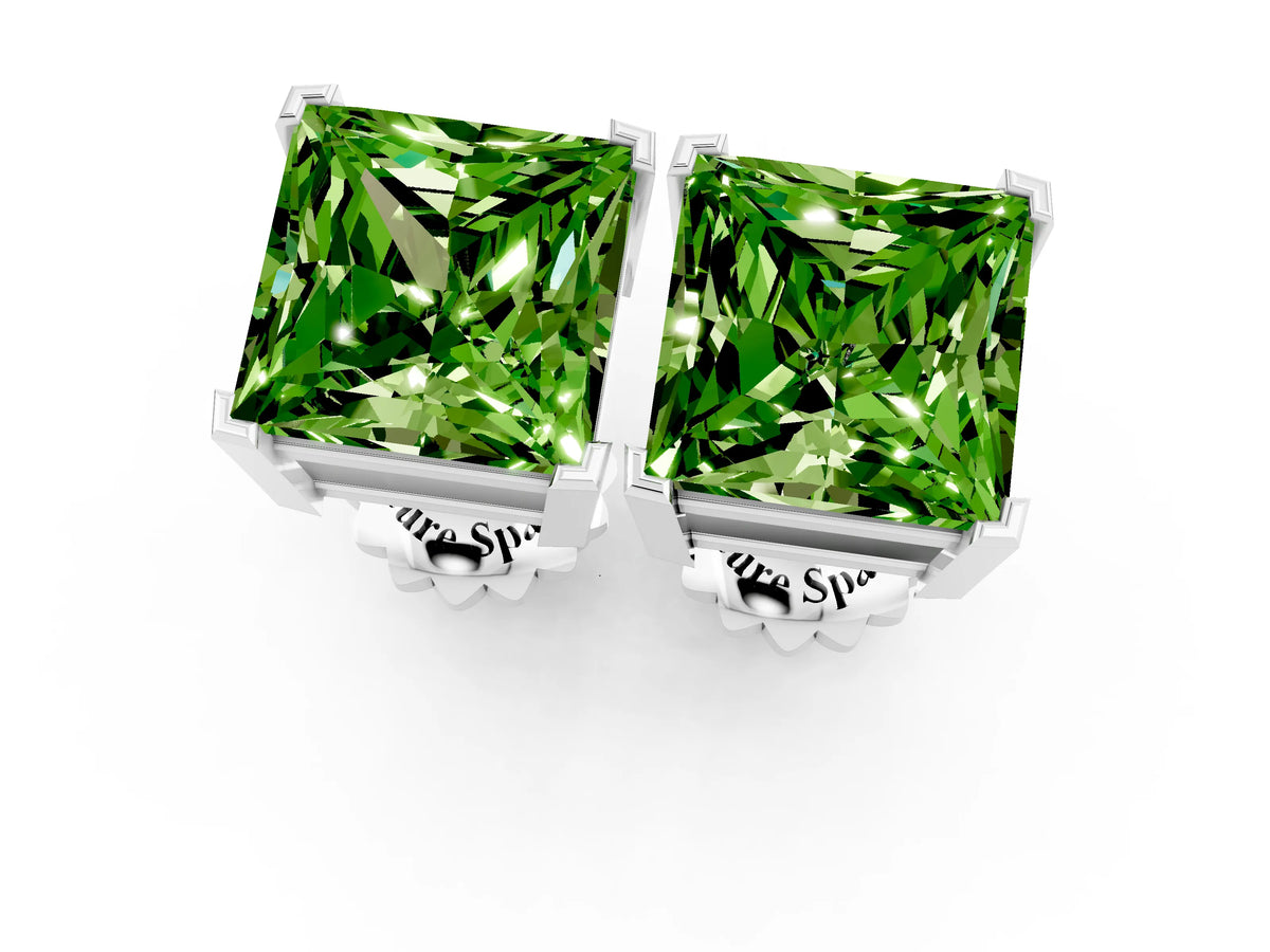 Princess Cut Peridot Stud Earrings in White gold with Basket Setting