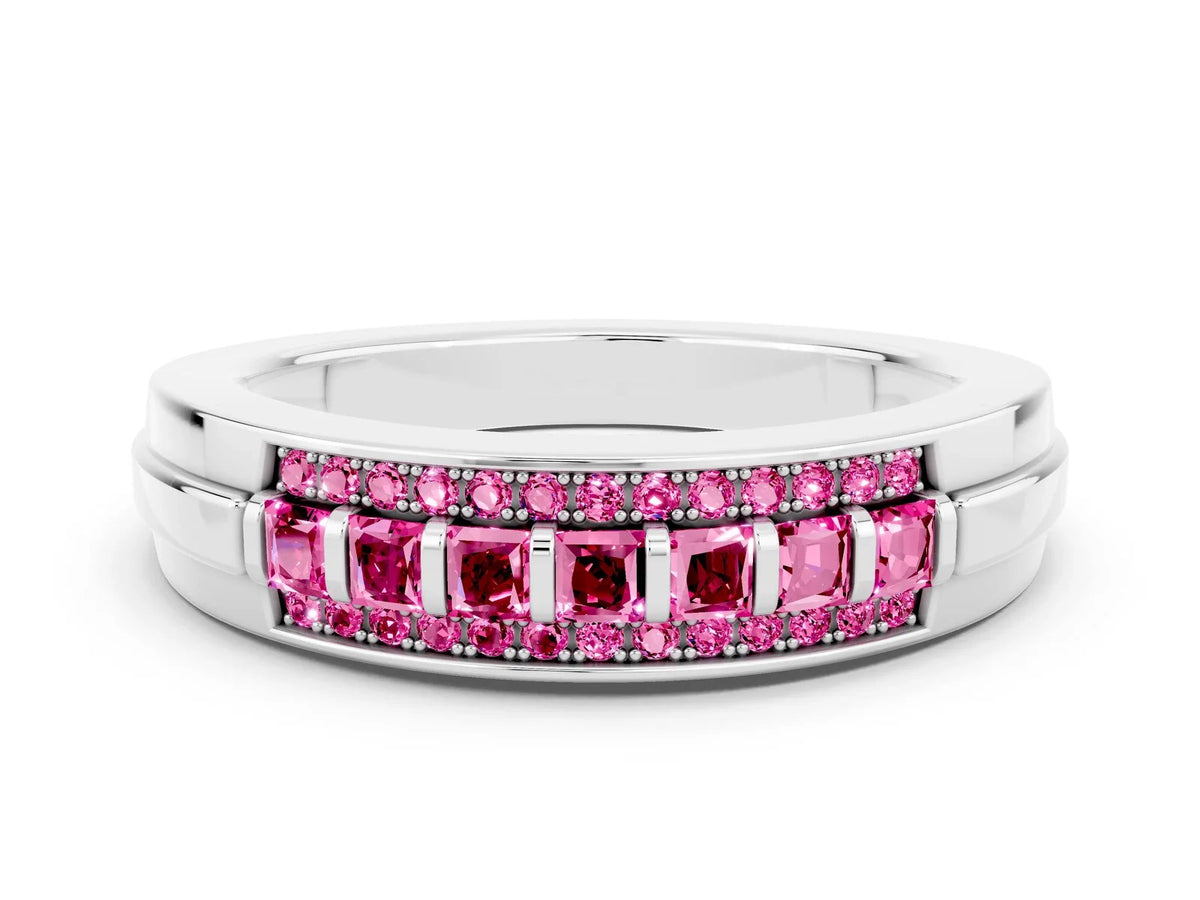 Princess Cut Pink Sapphire Bar-Set Pavé Band in White gold with Grooved Edge Detailing 