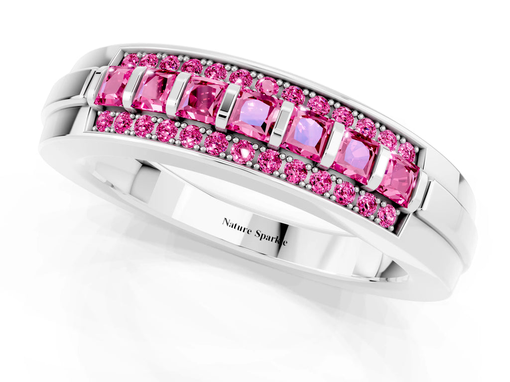 Princess Cut Pink Sapphire Bar-Set Pavé Band in White gold with Grooved Edge Detailing