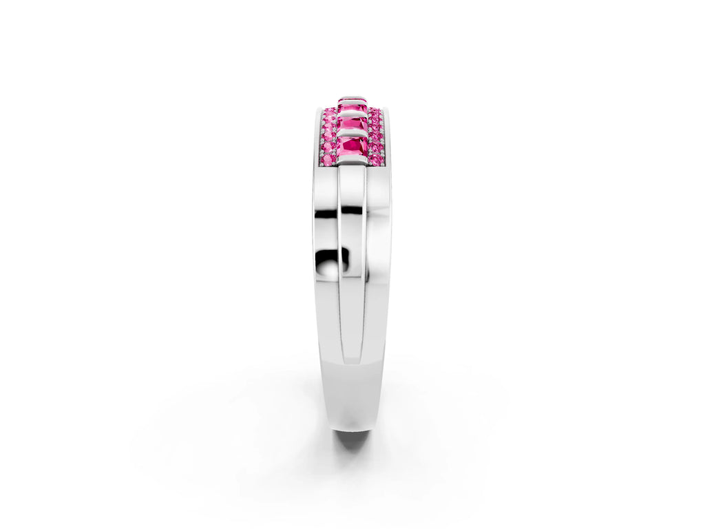 Princess Cut Pink Sapphire Bar-Set Pavé Band in White gold with Grooved Edge Detailing