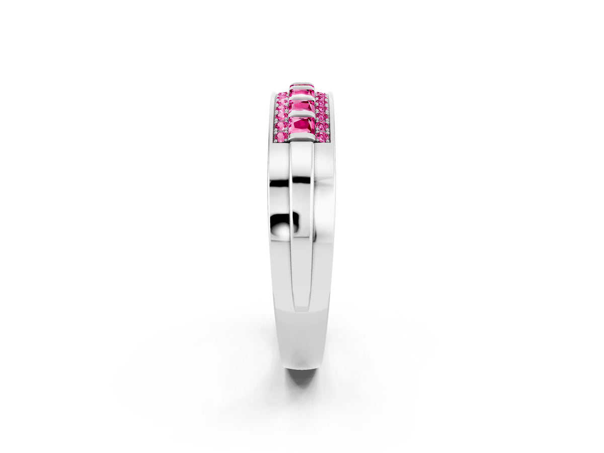 Princess Cut Pink Sapphire Bar-Set Pavé Band in White gold with Grooved Edge Detailing