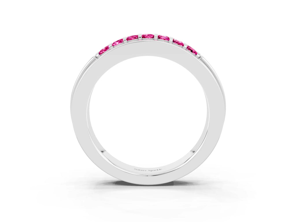 Princess Cut Pink Sapphire Bar-Set Pavé Band in White gold with Grooved Edge Detailing