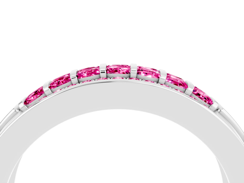 Princess Cut Pink Sapphire Bar-Set Pavé Band in White gold with Grooved Edge Detailing