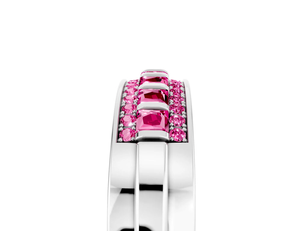 Princess Cut Pink Sapphire Bar-Set Pavé Band in White gold with Grooved Edge Detailing