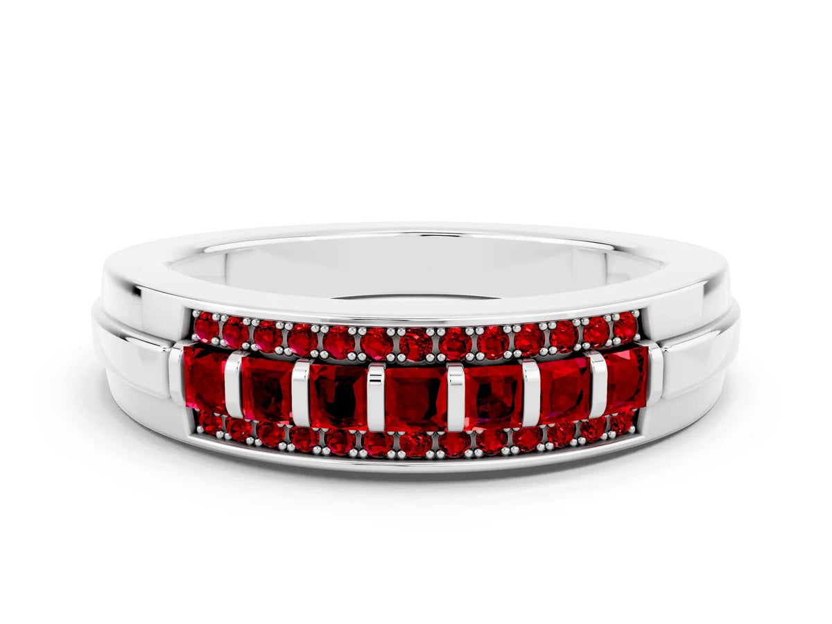 Princess Cut Ruby Bar-Set Pavé Band in Platinum with Grooved Edge Detailing 