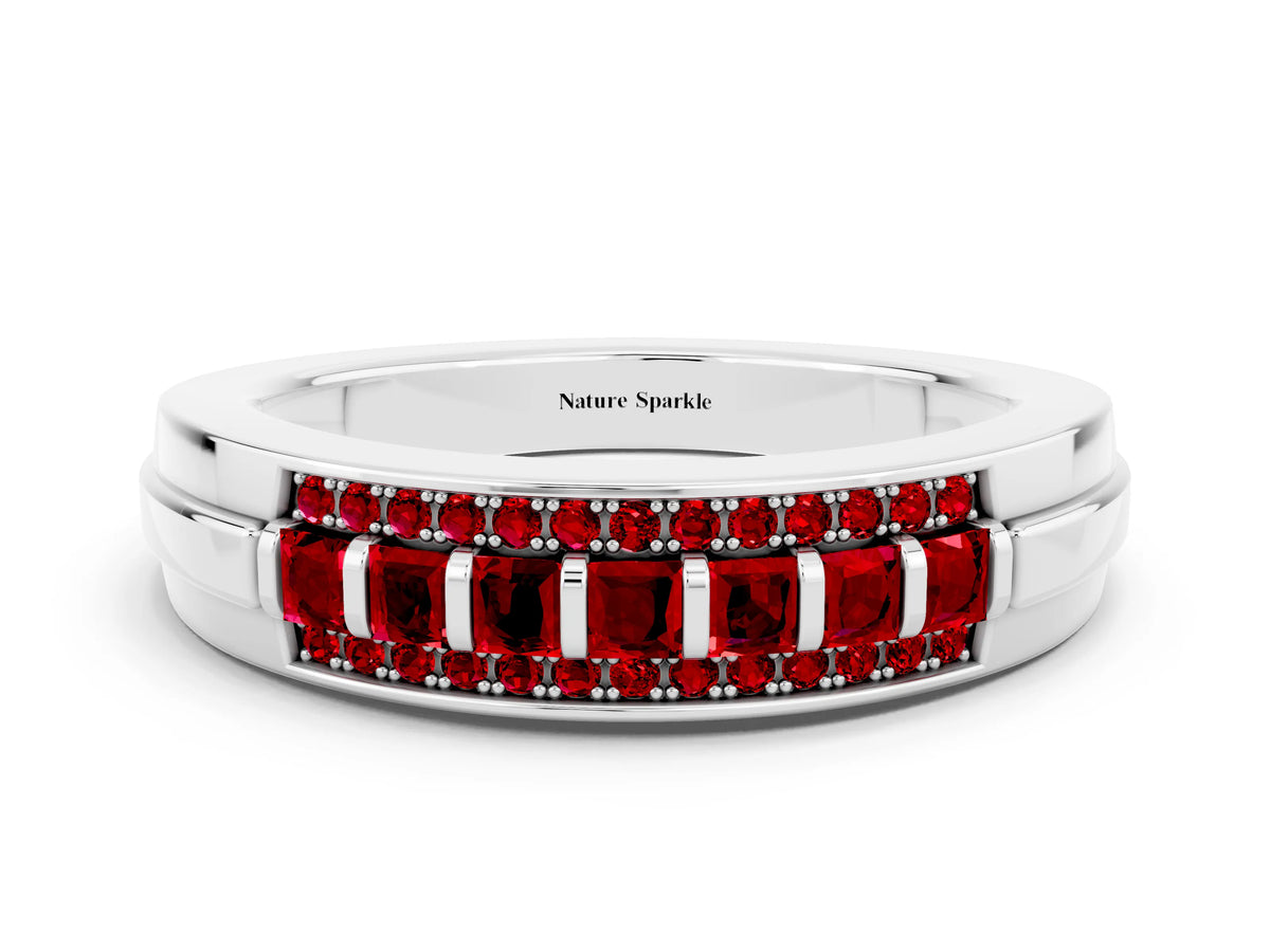 Princess Cut Ruby Bar-Set Pavé Band in Platinum with Grooved Edge Detailing