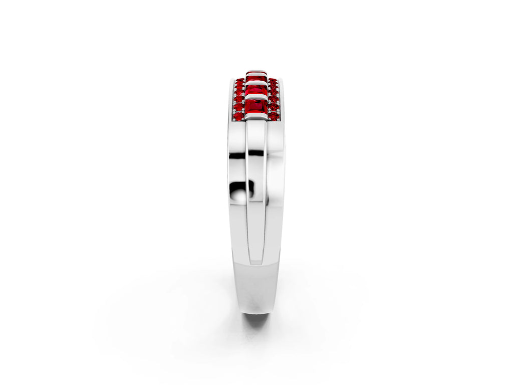 Princess Cut Ruby Bar-Set Pavé Band in Platinum with Grooved Edge Detailing