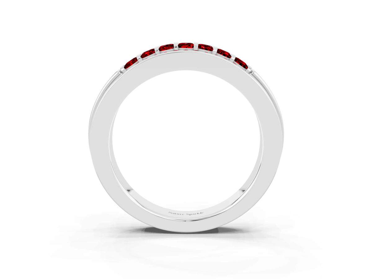 Princess Cut Ruby Bar-Set Pavé Band in Platinum with Grooved Edge Detailing